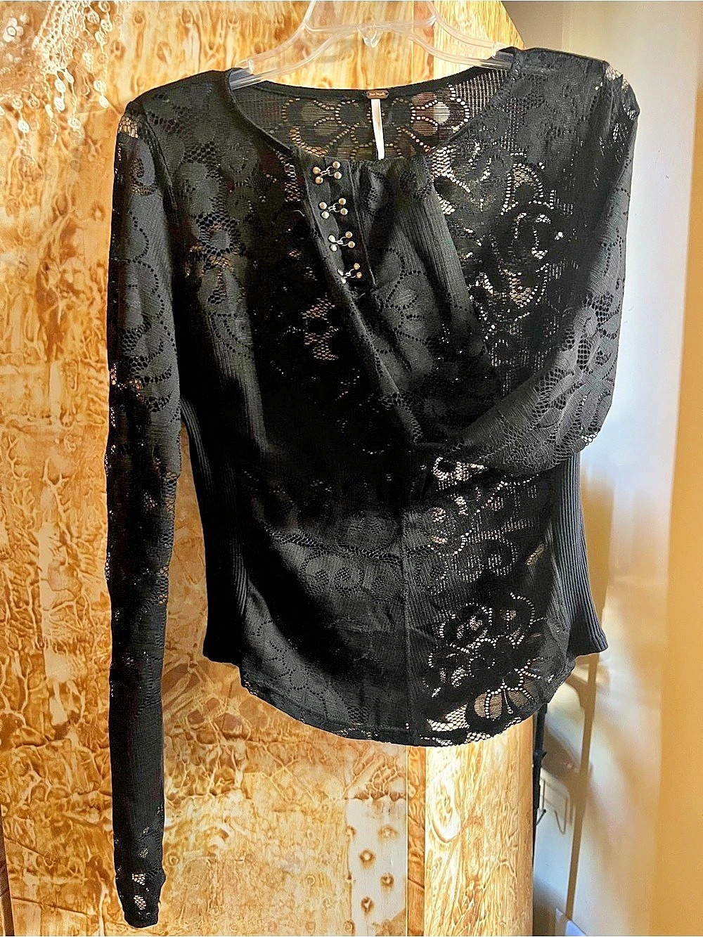 Free People Floral Lace Long Sleeve Black Large Like New